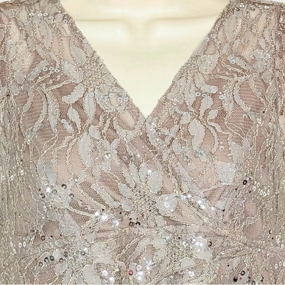 Scarlett Nite Floral Sheath Dress 8P Tan Gray Layered Lace Metallic Cap Sleeves - Picture 2 of 15